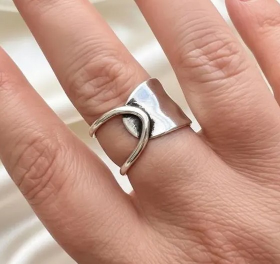 Solid 925 Sterling Silver Wide Hammered Abstract Open Loop Handmade Ring for Her