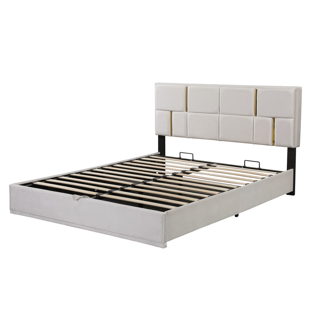 Queen Size Upholstered Platform Bed Frame with Hydraulic Storage System US