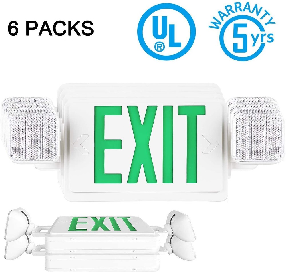 UL Listed 6 PACKS Led Green Exit Sign with Battery Backup Combo Exit Lighting