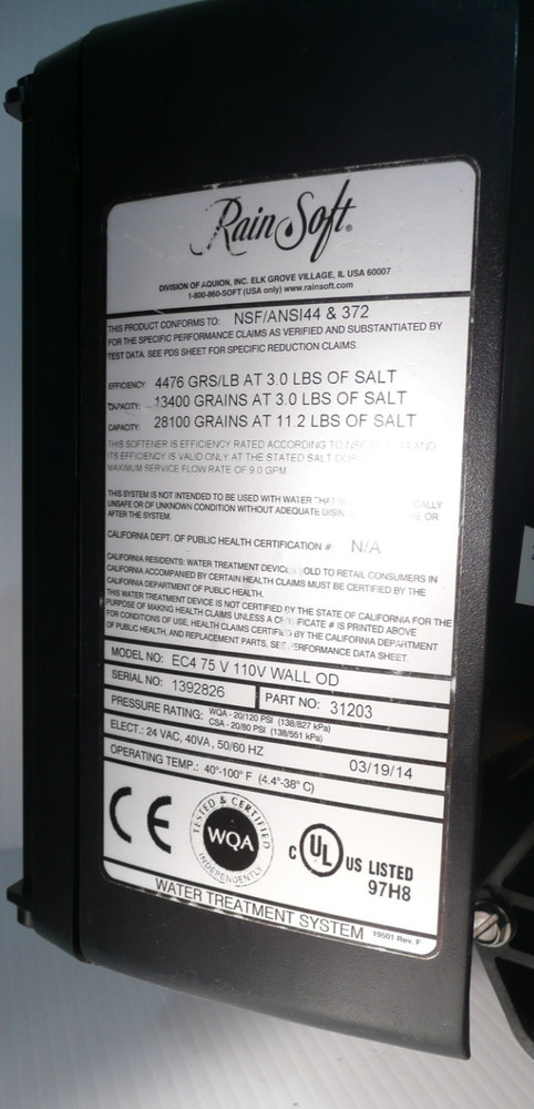Rainsoft EC4 Complete Water Softener Control Valve Head Minus Power Adapter