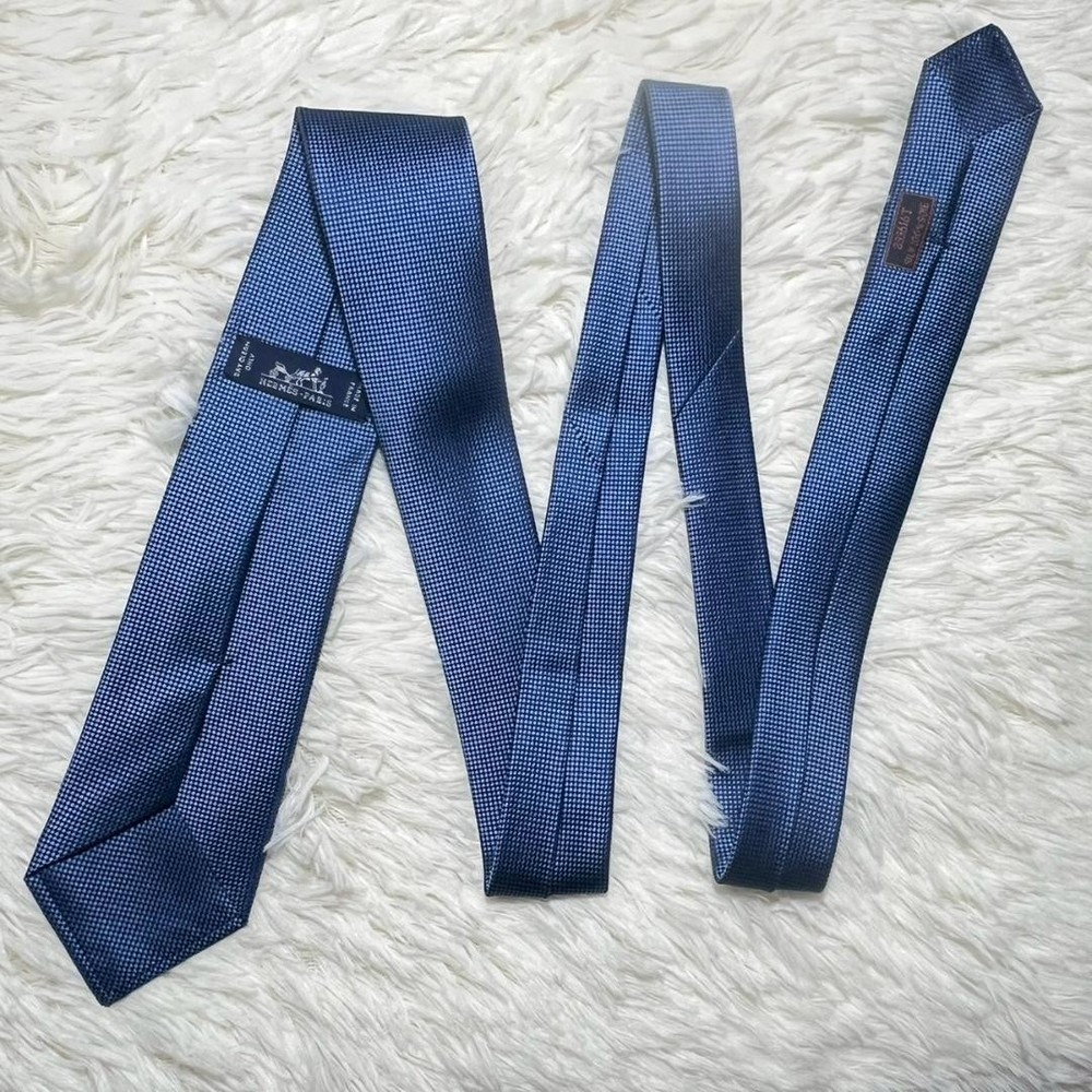 Hermes Silk Blue Solid Tie Near Mint Unused