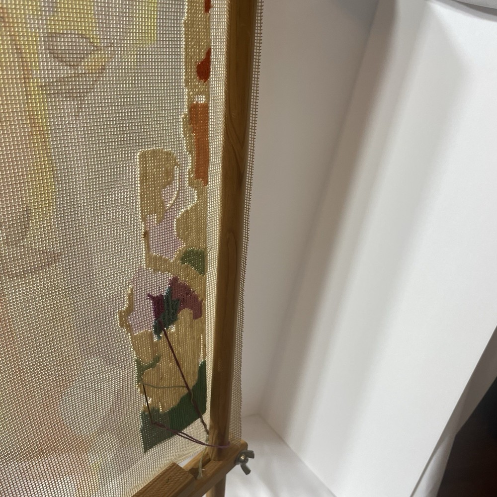 Rare, Needlepoint tapestry 'in process project' stretch scroll frame Asian