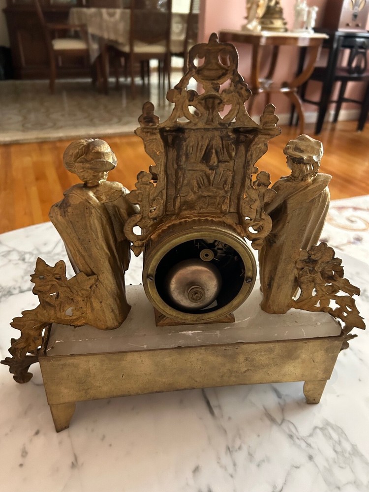 French Romantic Gilded Table clock double statue painter poet alabaster base