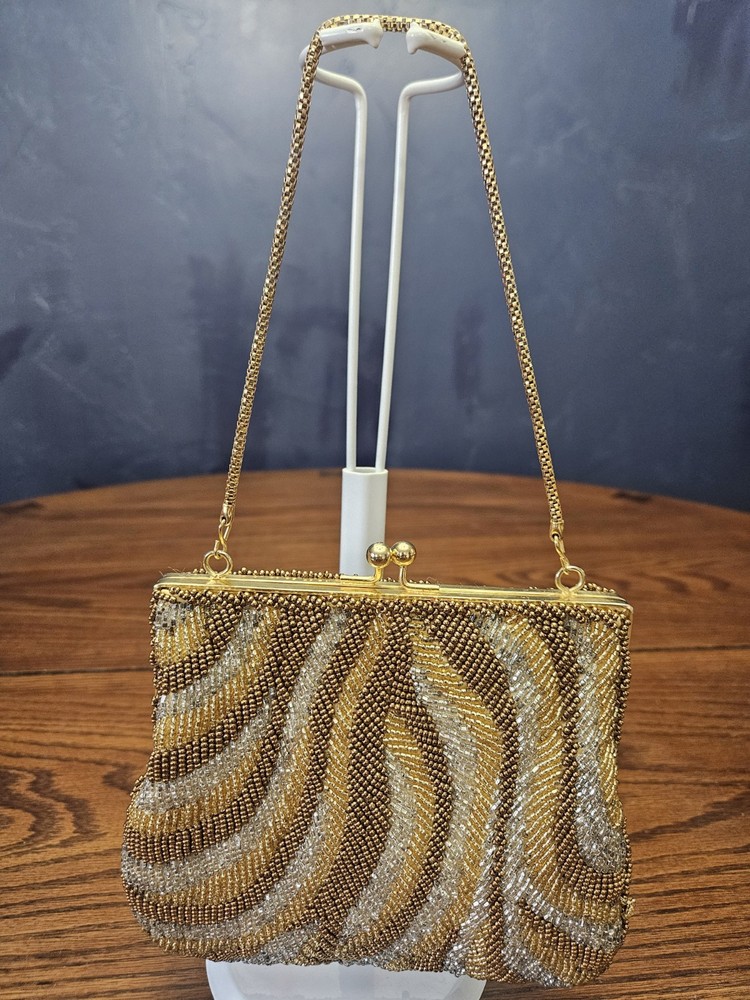 La Regale Beaded Evening Bag Abstract Pattern Gold/Silver/Copper W/ Chain Strap