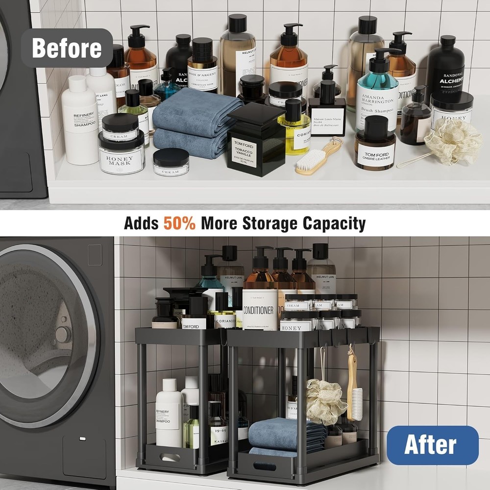 Space-Optimizing 2-Pack Under Sink Organizers with Smooth Dual-Pull Design