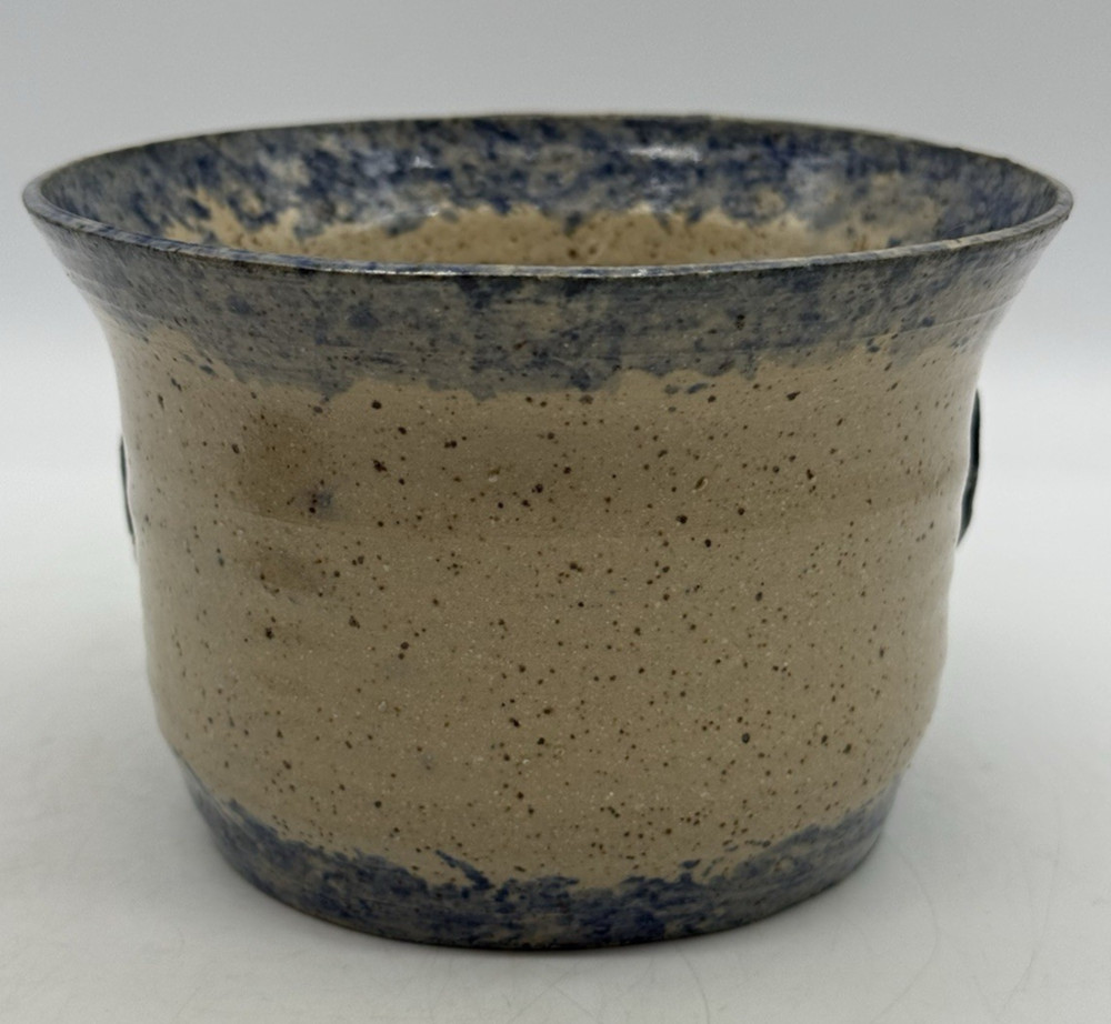 Pottery Handmade Owl Planter Pot Beige Blue Signed READ CHIP