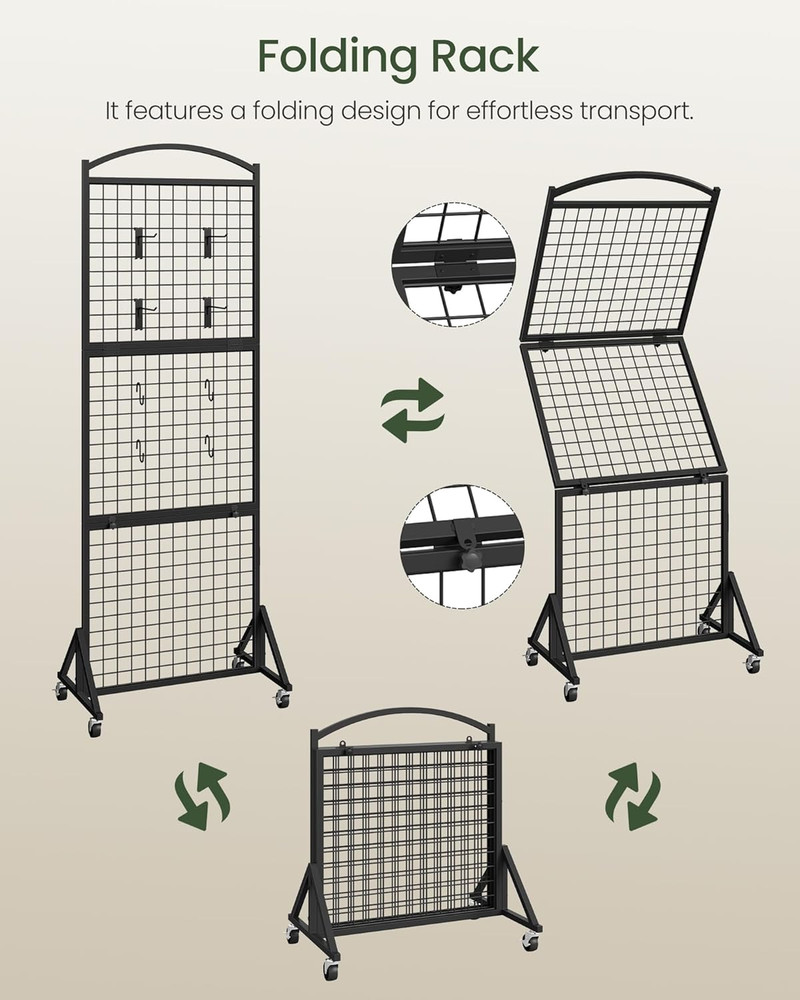 Foldable Grid Wall Panel 1.9' x 5.6', Movable Display Rack with Hooks, Black