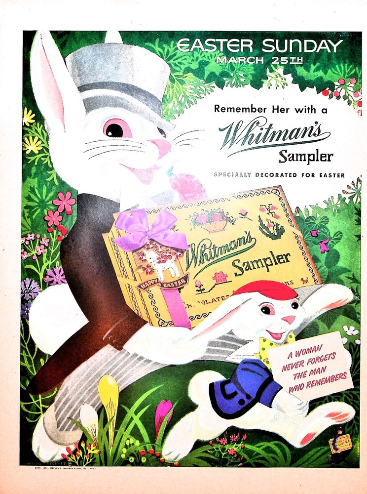 Original Vintage Whitman's Sampler Ad: Bunny, Easter Sunday, sampler
