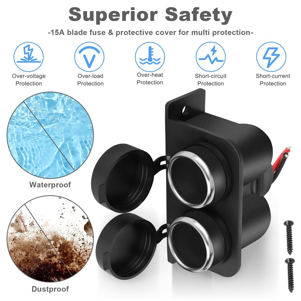 1PCS Cigarette Lighter Socket with Blade Fuse, 2-Socket Black-1P