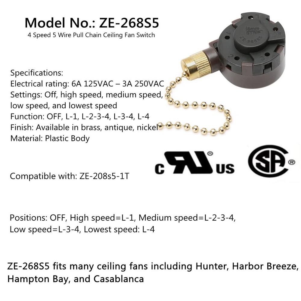 DAYONE Zing Ear ZE268S5 4 Speed 5 Wire Pull Chain Ceiling Fan Switch, 2Pack B...