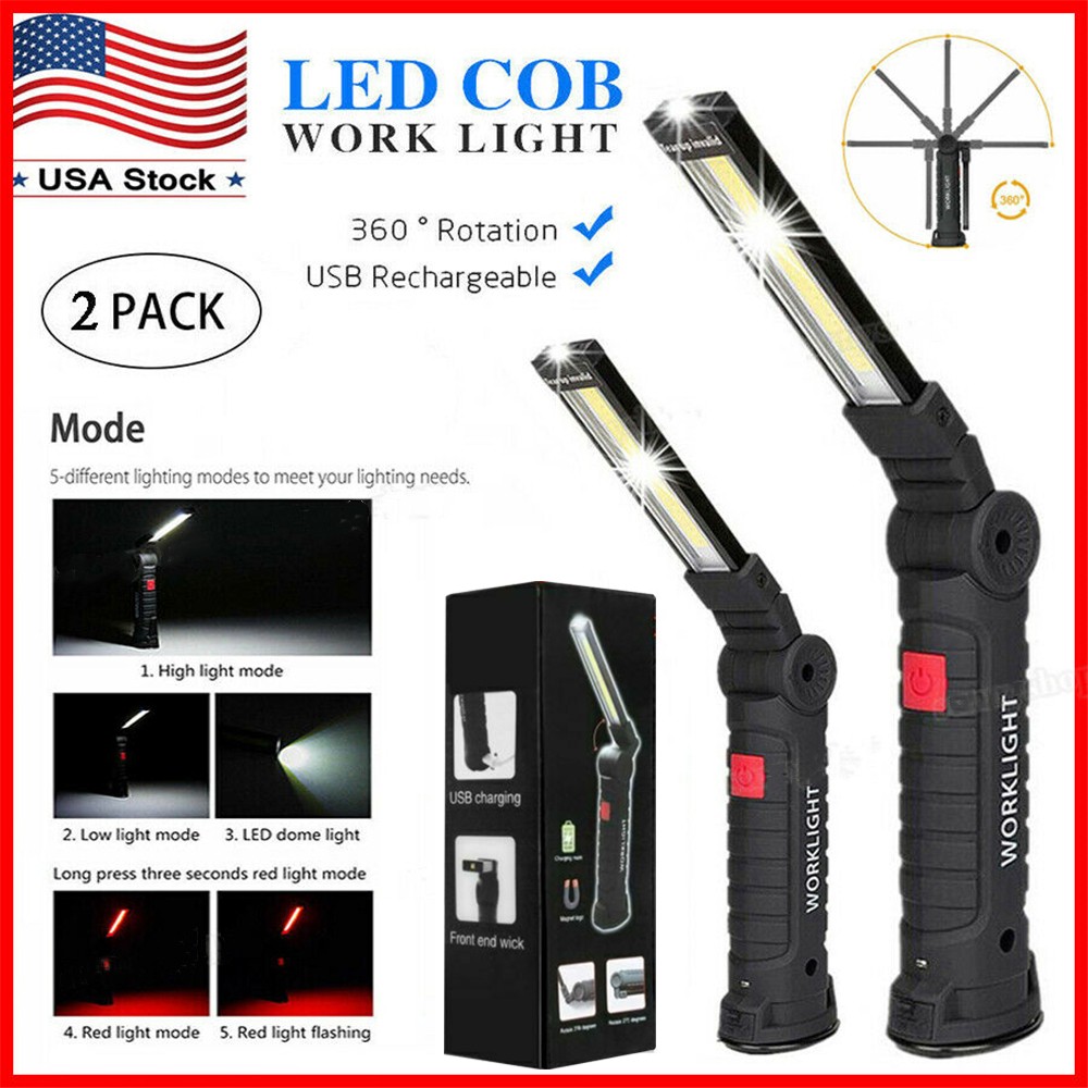 2PCS 5Mode LED COB Work Light Flashlight USB Rechargeable Foldable Magnetic Base