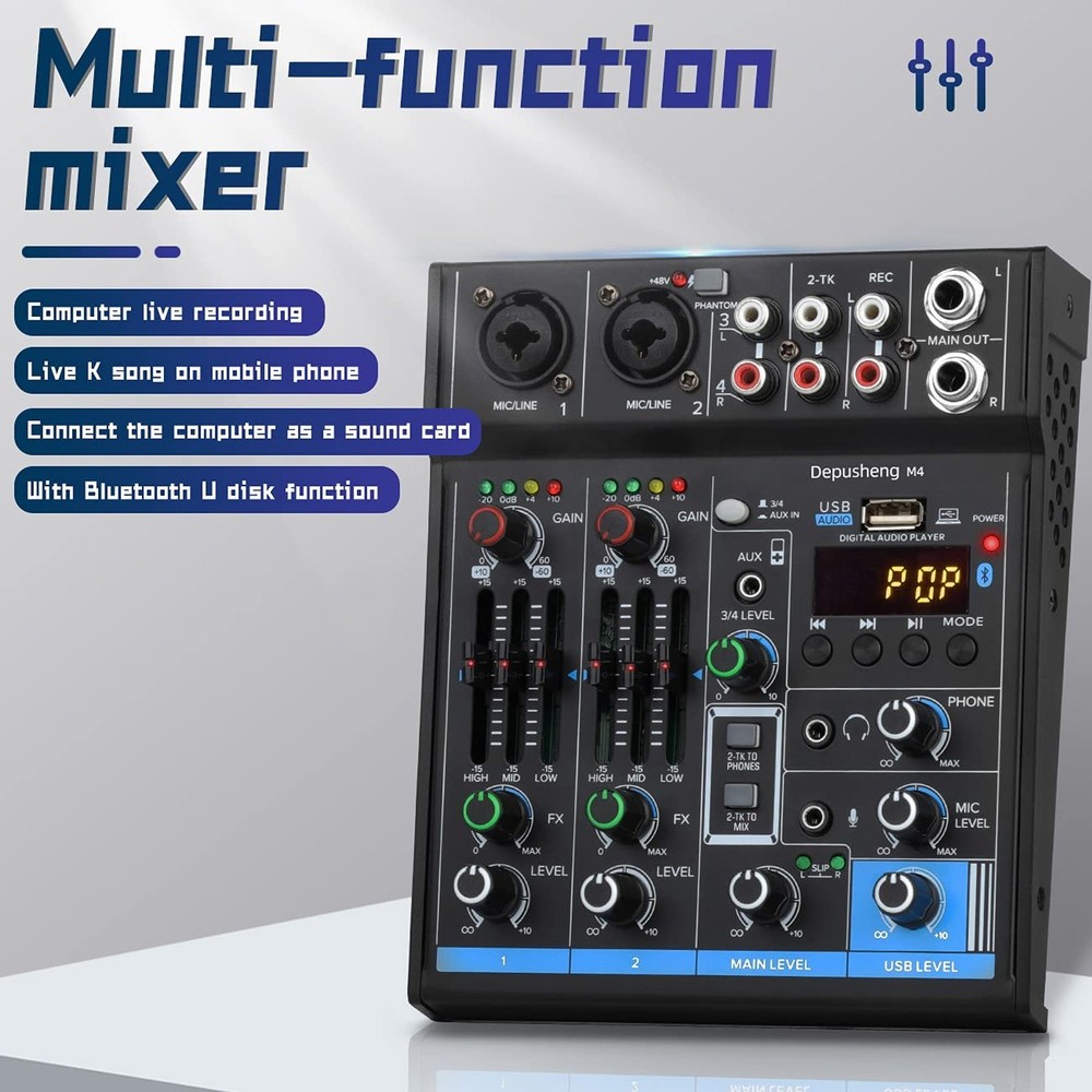 4 Channel USB Interface Mixer, DJ Sound Controller Mini Mixer Professional Di...