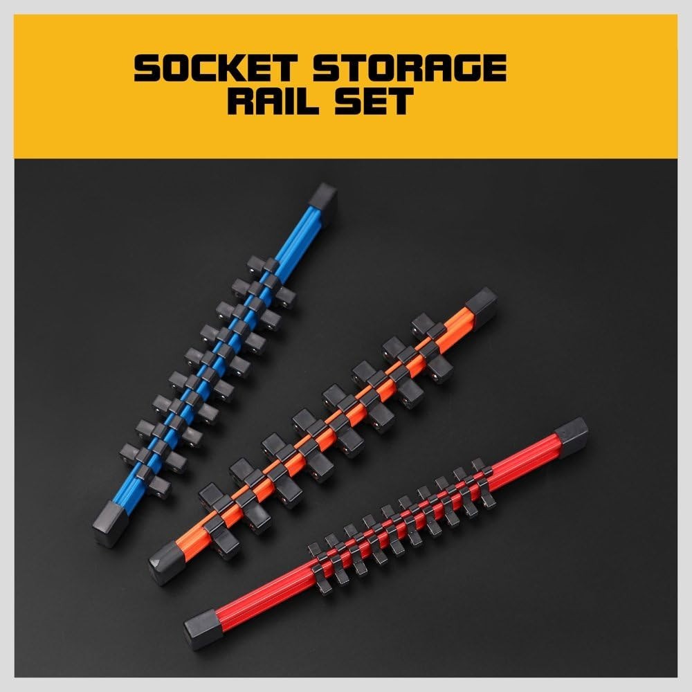 3-Pcs ABS Socket Holders for 1/4, 3/8, 1/2-Inch Sockets - Color-Coded
