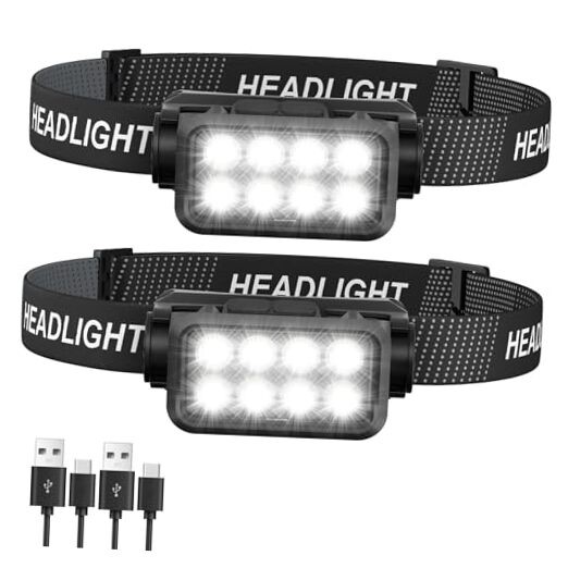 Rechargeable Headlamp Flashlight 2-Pack, 8 LED 2500 Lumen Ultra-Light Black