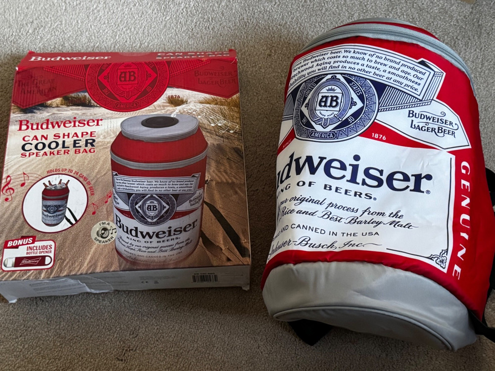 BUDWEISER 24 CAN CAN SHAPED COOLER BACKPACK WITH BLUETOOTH SPEAKER