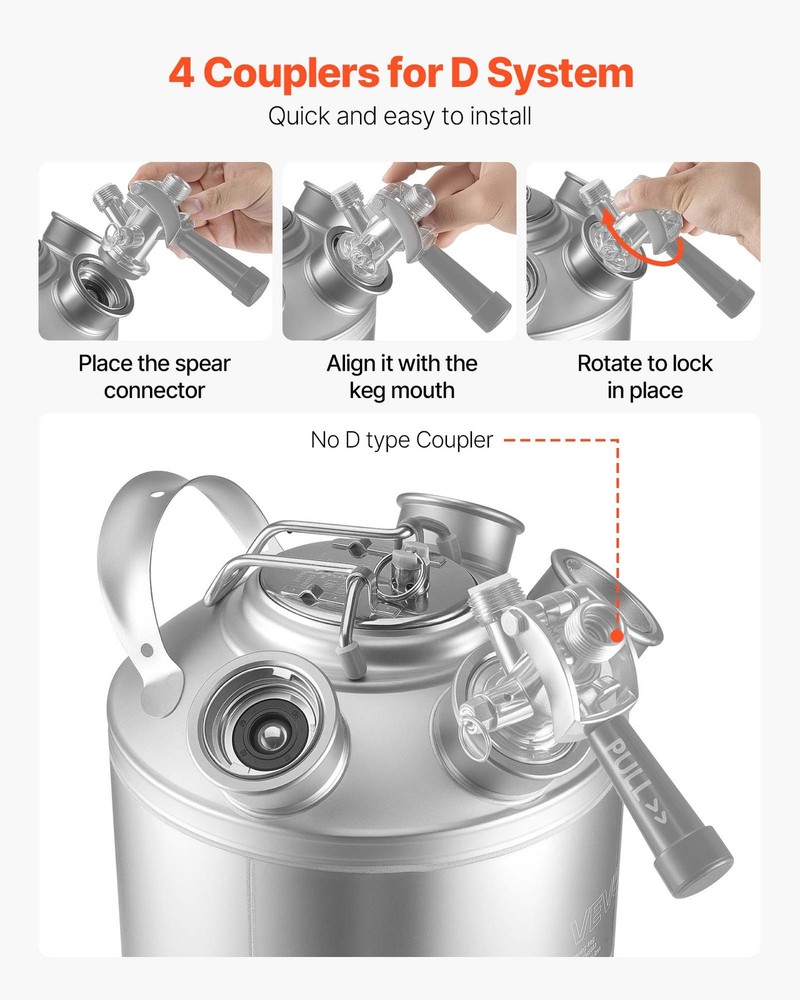VEVOR Cleaning Keg 5 Gallon Beer Lines Cleaner with 4 D Couplers & Rubber Base