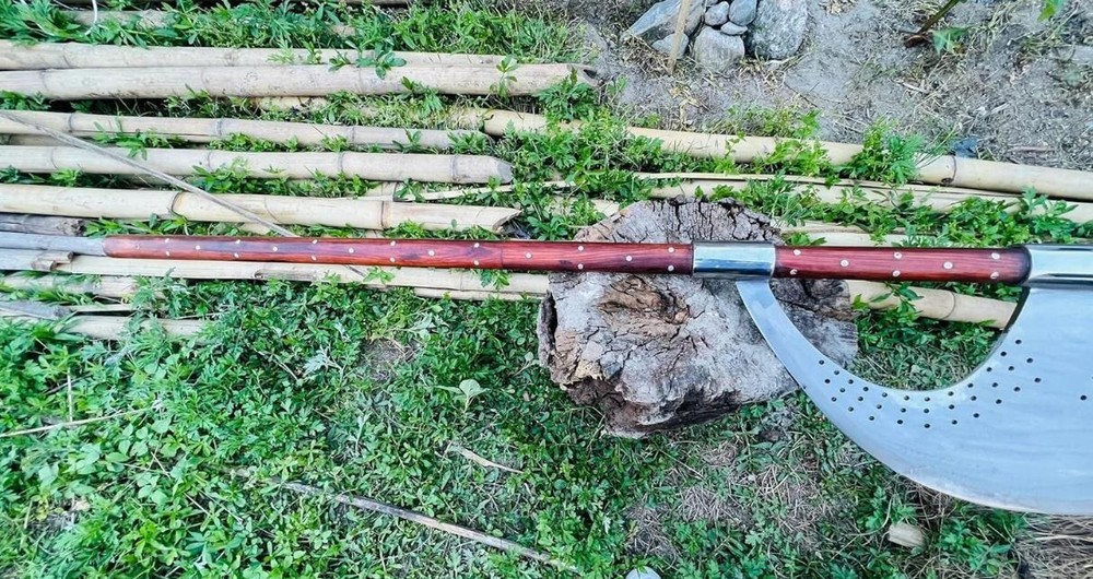 Custom Handmade Blade Large Bardiche Pole Axe Blunt Axe, With Leather Sheath