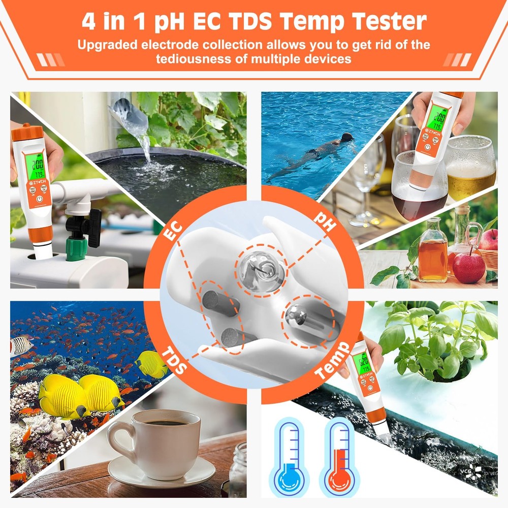 4 in 1 pH EC TDS Meter for Water Hydroponic with Calibration Solution,...