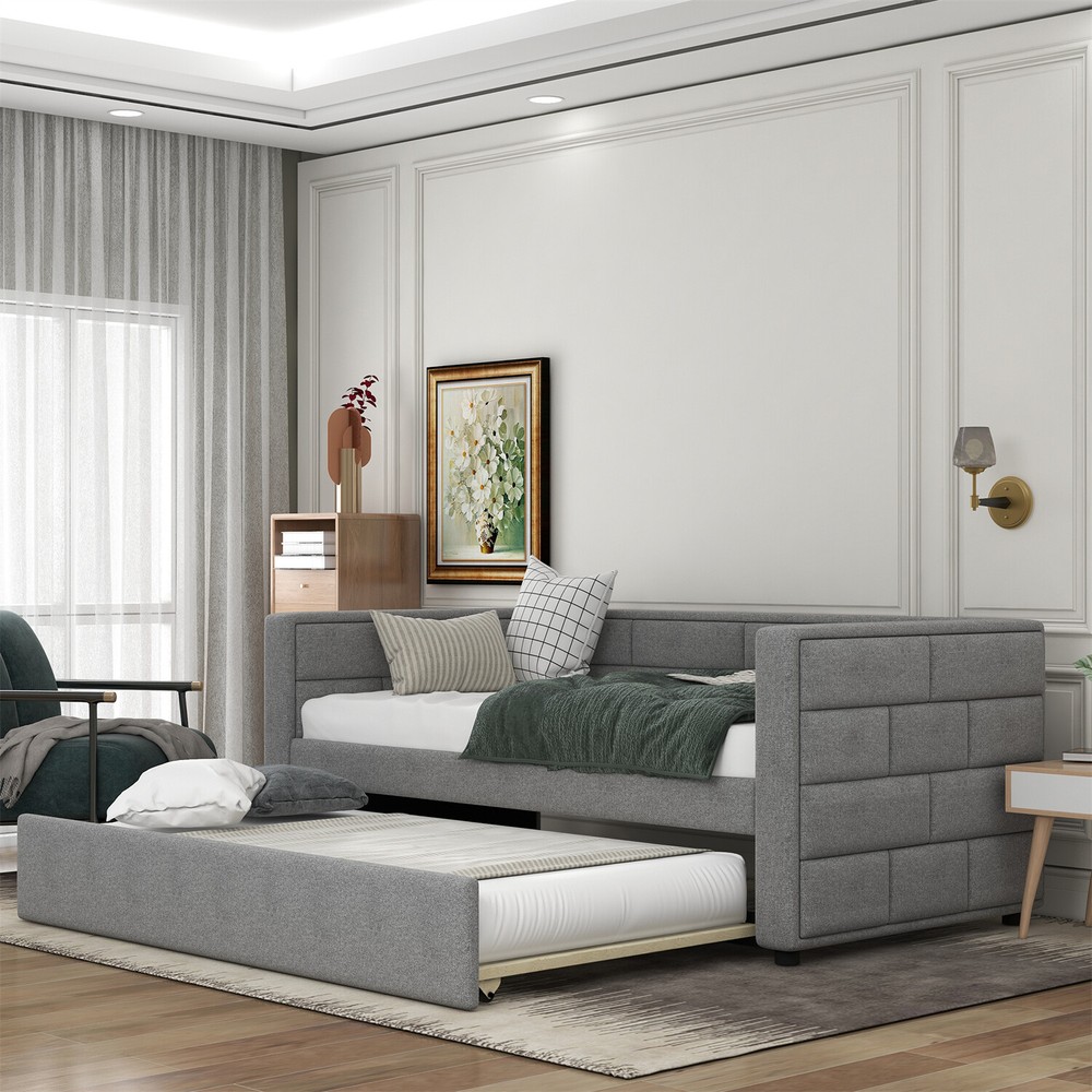 Twin Size Daybed with Pull Out Trundle Bed Upholstered Bed Frame Sofa Bed US