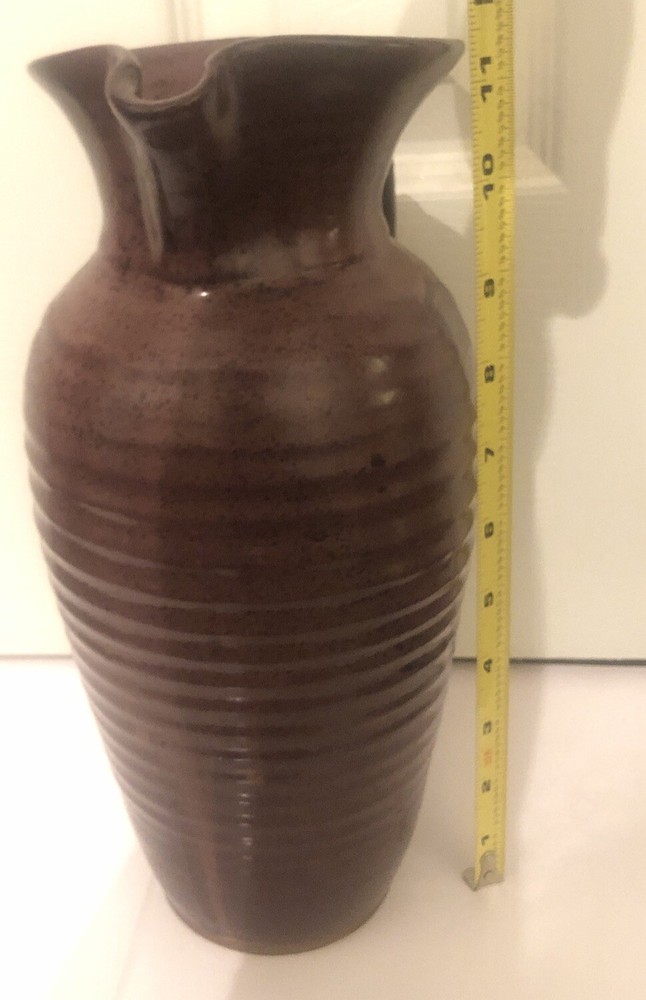 Art Pottery Ceramic Pitcher Rustic Drip Glaze Ribbed Pattern Scroll Handle 11.5”