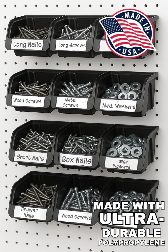 Pegboard Bins - 12 Pack - Hooks to Peg Board - Organize Hardware, Accessories,