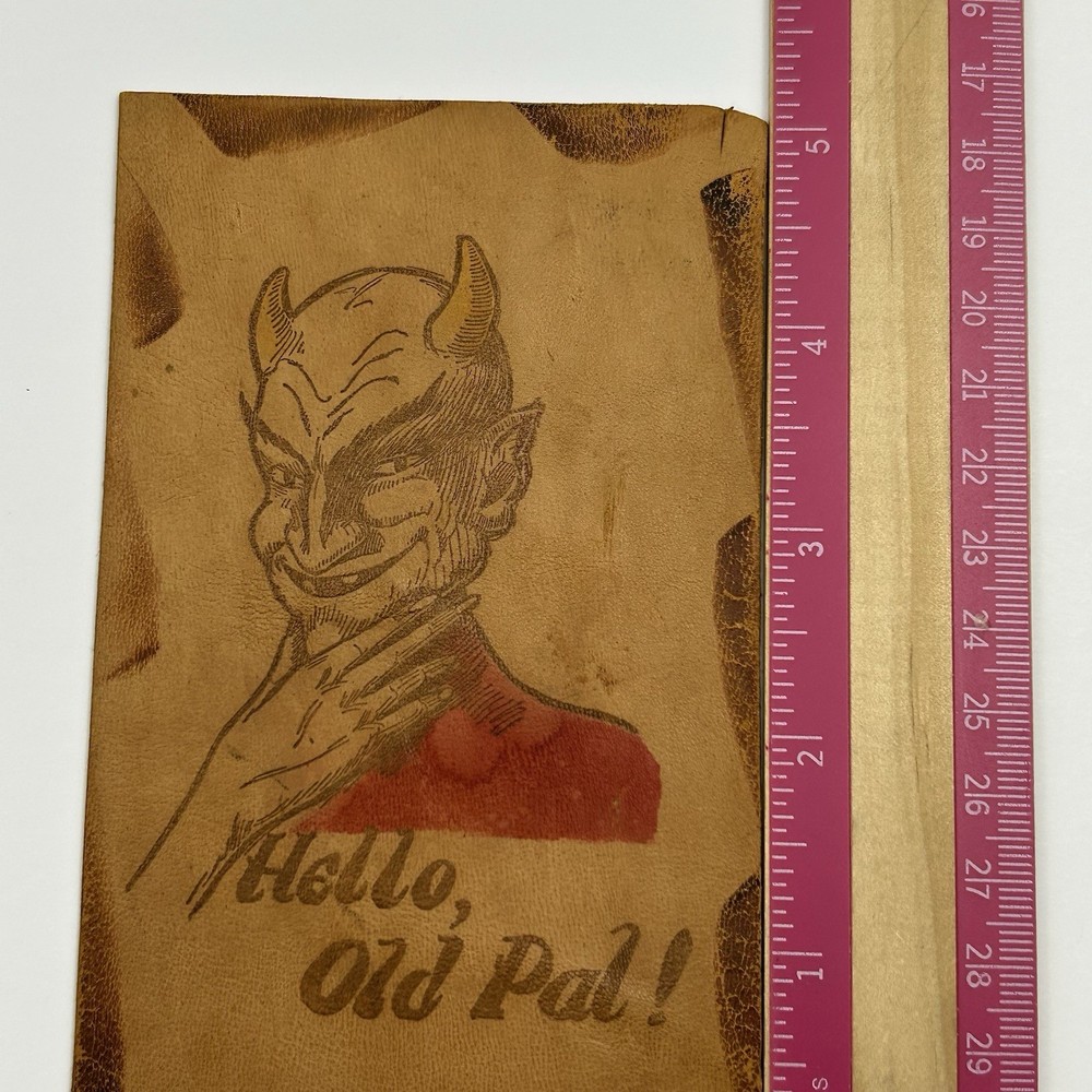 Rare Antique 1900s Leather Postcard - "Hello, Old Pal!" Devil Graphic