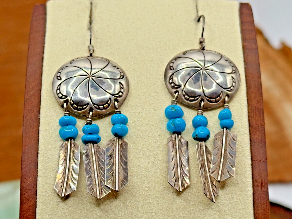 Vintage Native Sterling Silver Concho Feather w/Turquoise Bead Dangles--1256.25