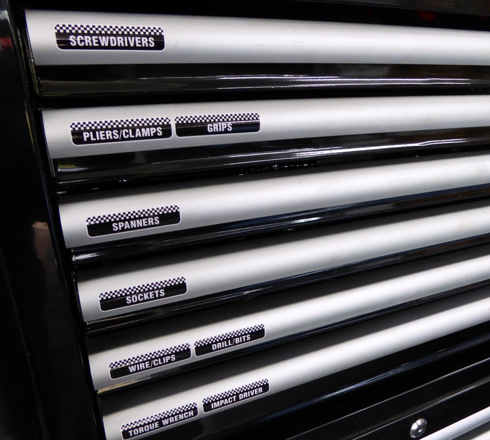 TOOLBOX TOOL CHEST Drawer LABEL stickers decals Identify workshop tools 2 SHEETS