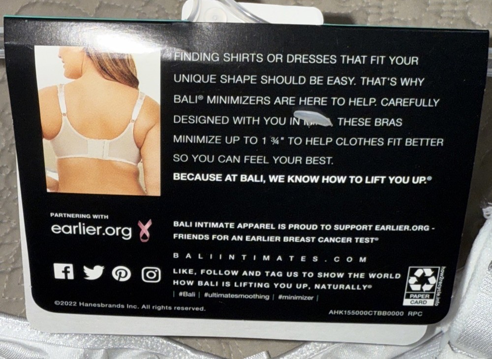 NWT Womens White Bali Minimizer Breathable Back Unlined Underwire Bra Size 42C