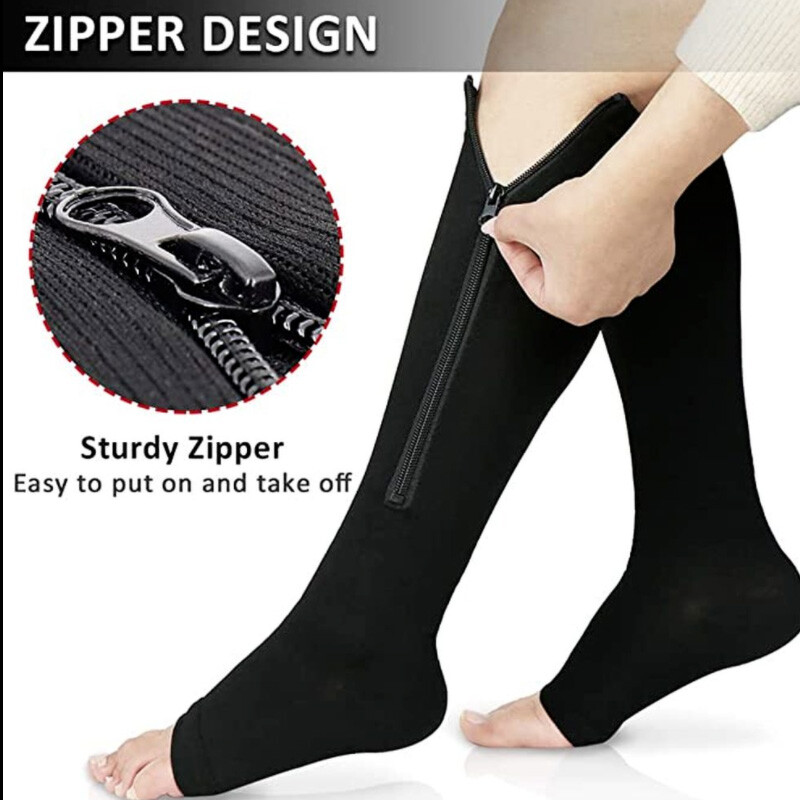 Zippered Compression Socks Open Toe Knee High Circulation Easy On/Off