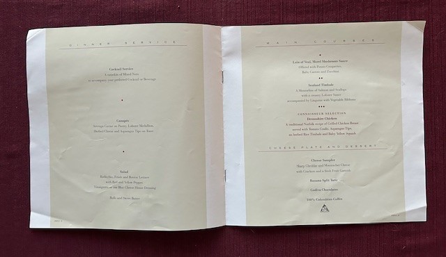 United Connoisseur Class Menu 1992