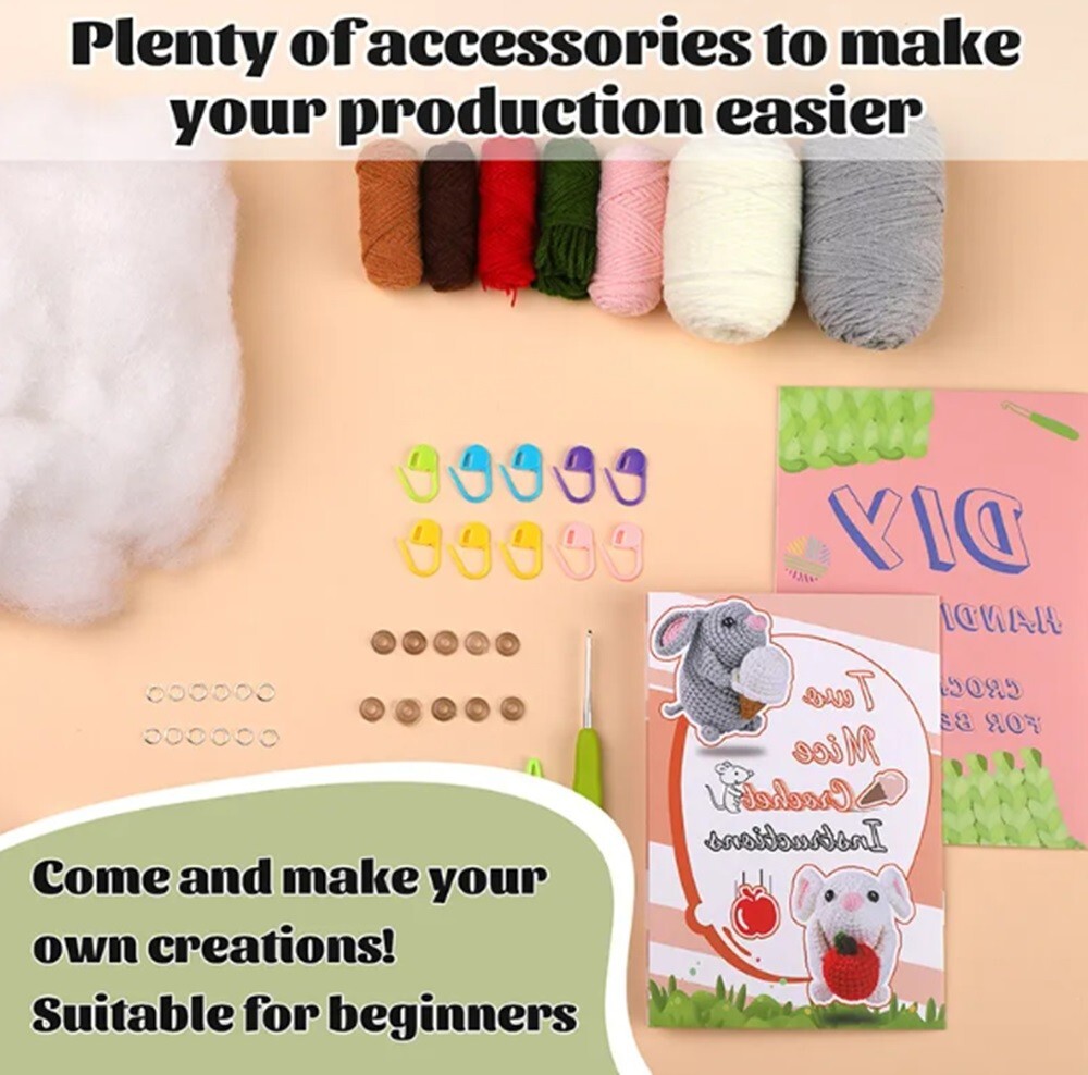 2‑Pack Beginners Crochet Kit w Hooks & Threaders–Cute Mouse DIY Yarn Starter Set
