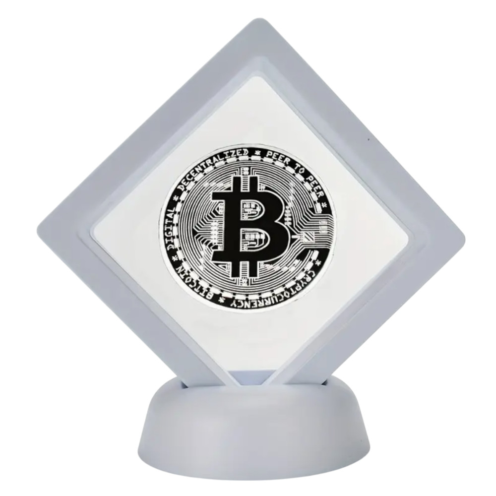BITCOIN- Silver Physical Coin with White Display Case / Cryptocurrency- Gift !
