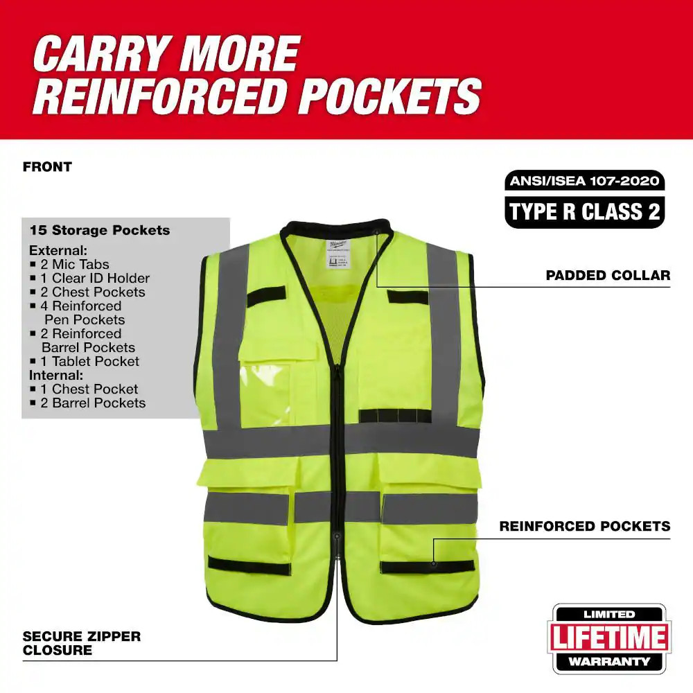 Performance Small/Medium Yellow Class 2 High Visibility Safety Vest with 15 Pock
