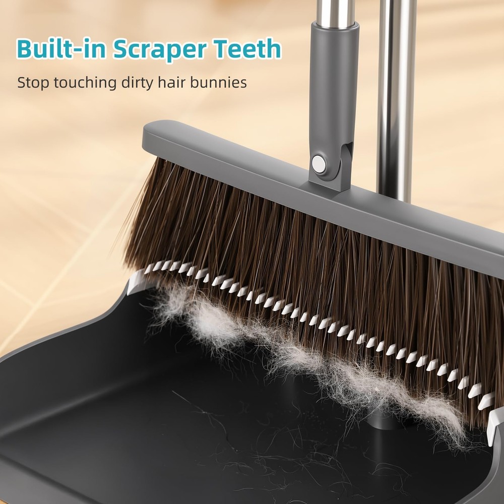 Broom with Dustpan Combo Set with 52.5" Extra Long Handle, Self-Cleaning Dust...