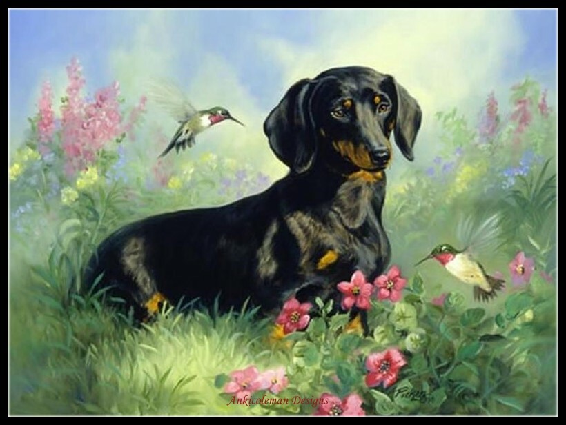 Dog and Hummingbirds - DIY Counted Cross Stitch Pattern Needlework