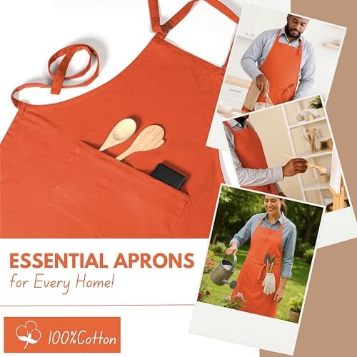 Kitchen Apron 2 Pack - 100% Cotton Adjustable, Durable Apron with Orange