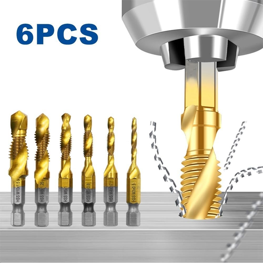 6 PCS Combination Drill and Tap Set, Professional HSS Titanium Thread Tap Drill