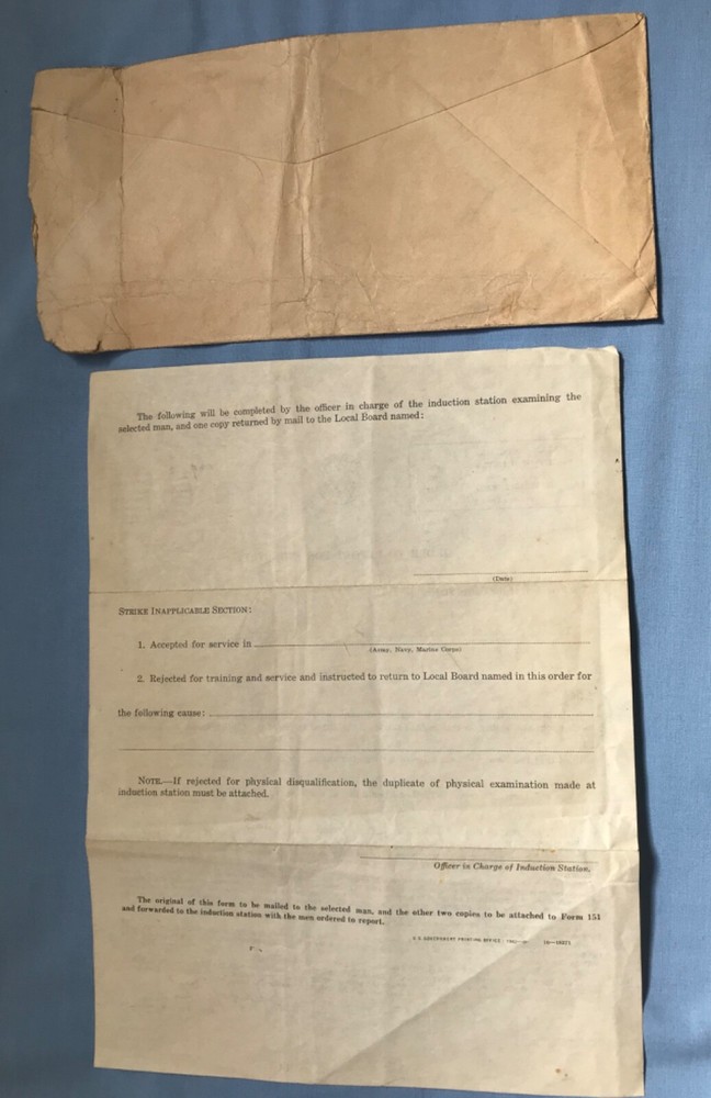WWII Original Documents Pittsburgh PA Local Board #17 Classification Induction
