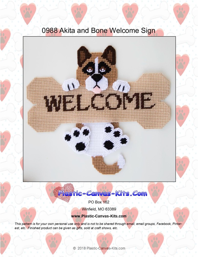 Akita Dog and Bone Welcome Sign- Plastic Canvas Pattern or Kit