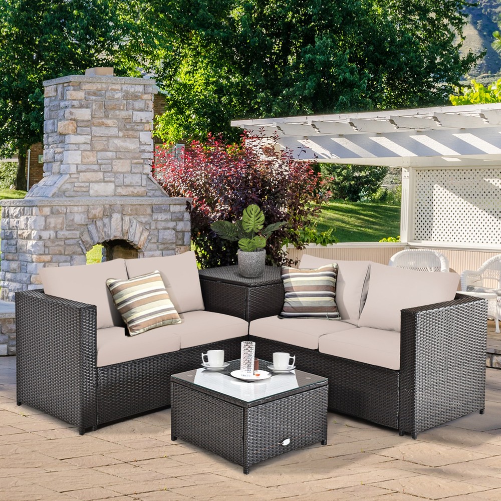 4PCS Cushioned Rattan Patio Conversation Set w/ Coffee Table Side Table