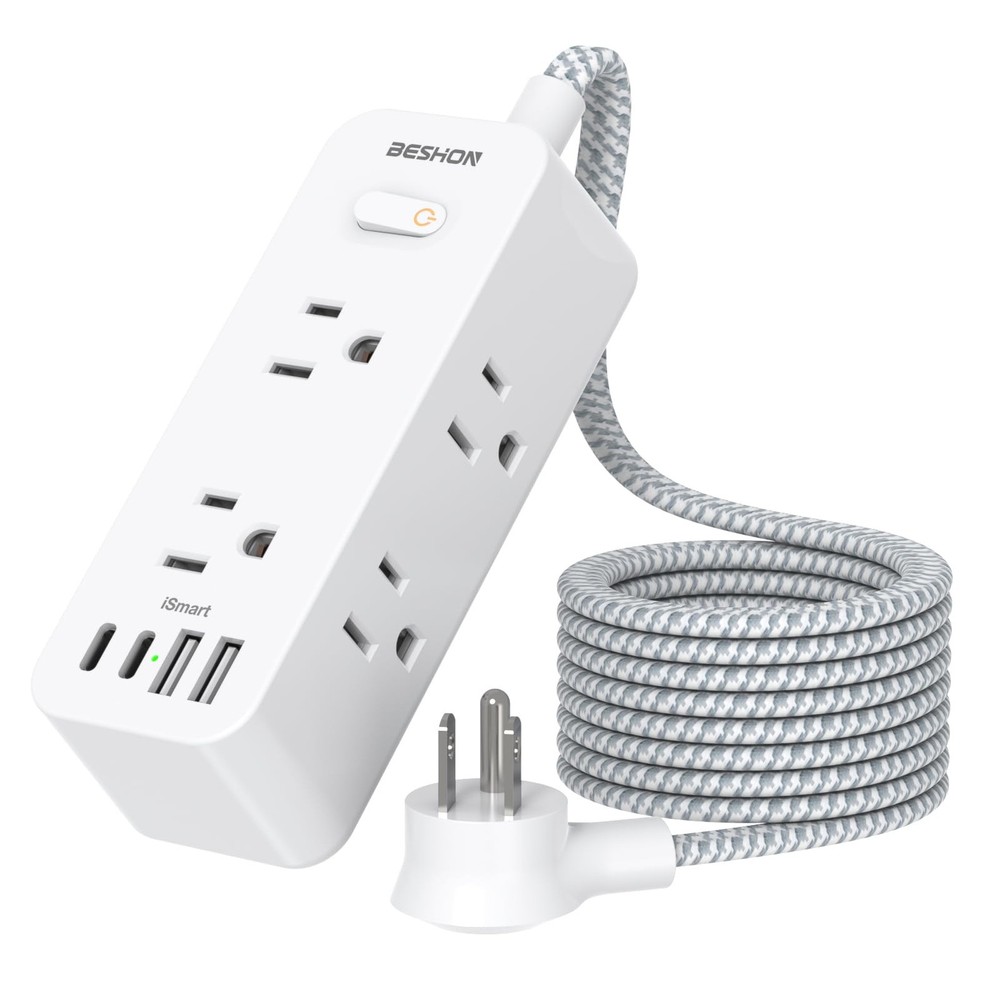 Power Strip Surge Protector, BESHON 5Ft Extension 5FT-Right Angle Plug, White