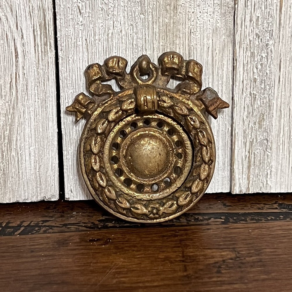 Antique - Small Ornate Round Brass Wreath with Bow Inlay Drop Ring Pull Handle