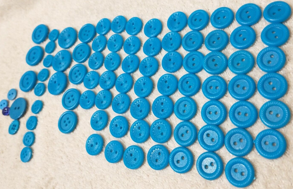 Buttons 70+ Blue Medium - Small sized Blue Plastic Craft Round Two Holed BA8