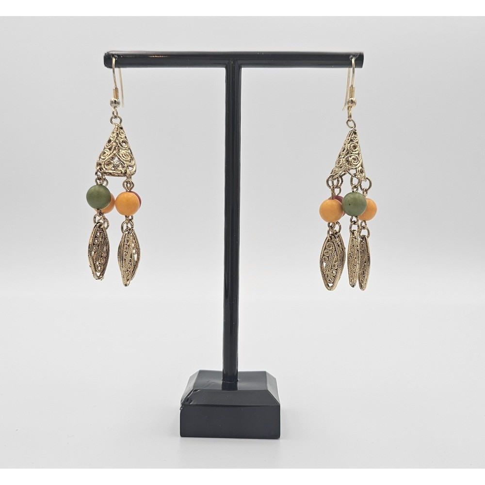 GOLD TONE BOHO CHANDELIER DANGLE EARRINGS Multicolor Bead Filigree
