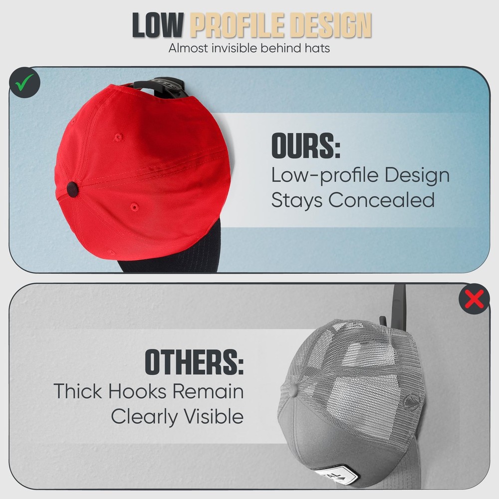 Adhesive Hat Hooks for Wall (16-Pack) - Minimalist Hat Rack Design, No Drilli...