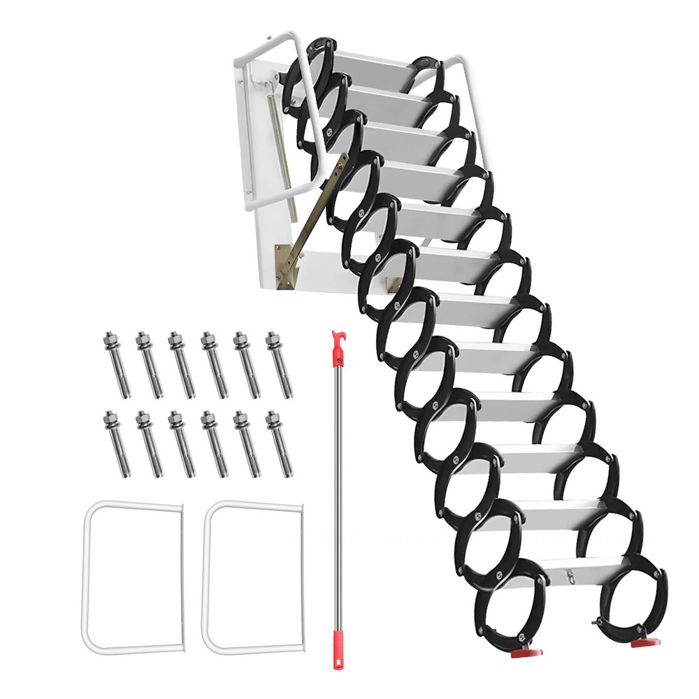 12 Steps Pull Down Attic Stairs Retractable Attic Ladder Folding Stairs White