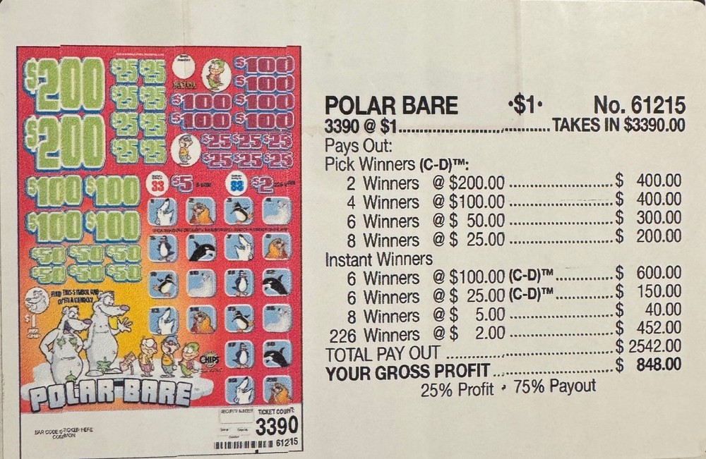 Pull Tab Tickets - Chip - Game - Pick Board - Polar Bear - 3,390 ct