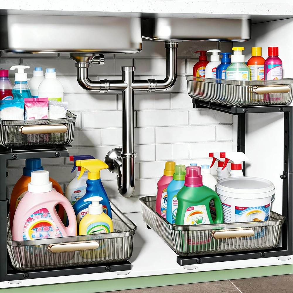 Under Sink Organizer - 2 Packs Multi-Purpose Pull-Out Storage Organizers, Slide