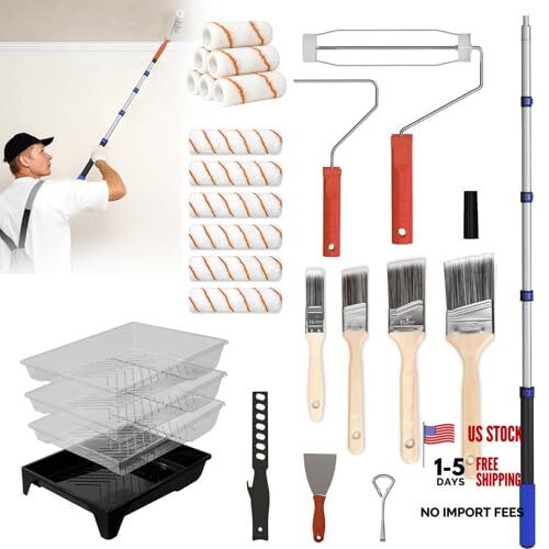 Paint Roller Kit with Extension Pole, 2-4FT Adjustable Pole, Orange